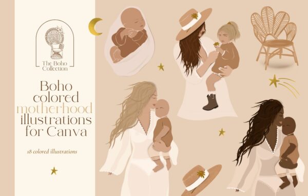 Boho colored motherhood illustrations for Canva