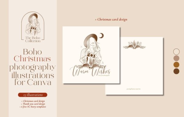 Boho Christmas Photography line illustrations for Canva
